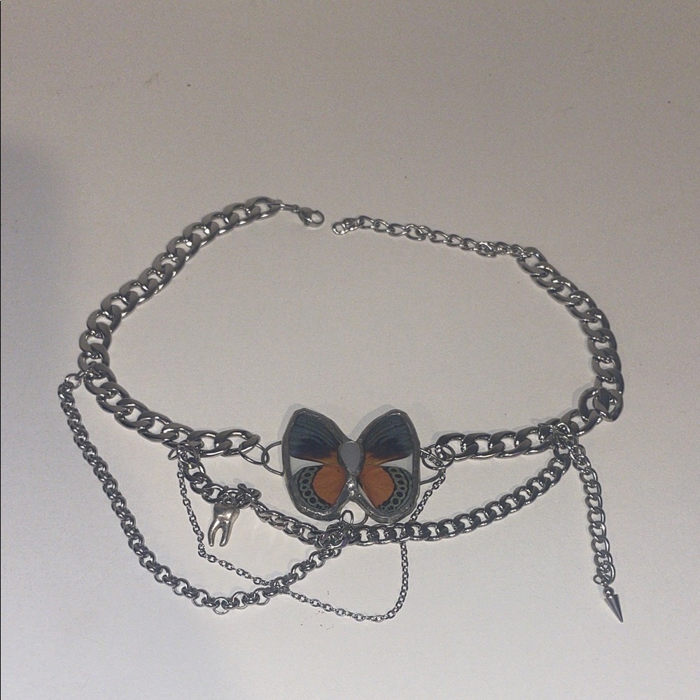 Hand Crafted Silver Butterfly Multi-Chain Necklace with Orange and Black Accents